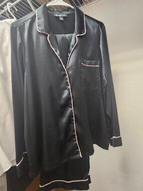 INC Silky Pajama Set Top & Bottom + Robe, Sleep Mask - Black / Pink - Size L